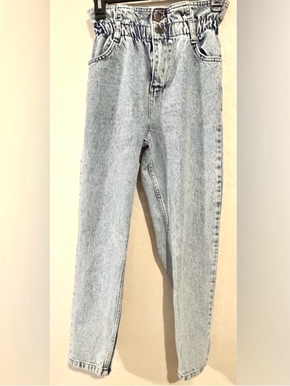 Paperbag Waist Mom Jeans Light Wash High Rise Tapered Denim XS 26